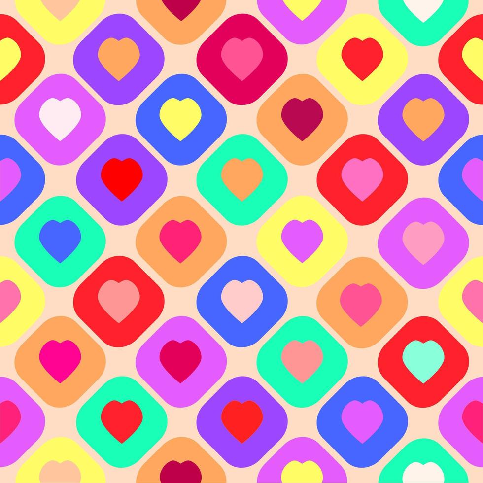 Rainbow color of boxes fill with hearts, abstract background. Seamless pattern design. Paper, cloth, fabric, dress, napkin, spring, bed printing, gift, wrap. Matter, alternative, LGBTQ, banner, gender vector
