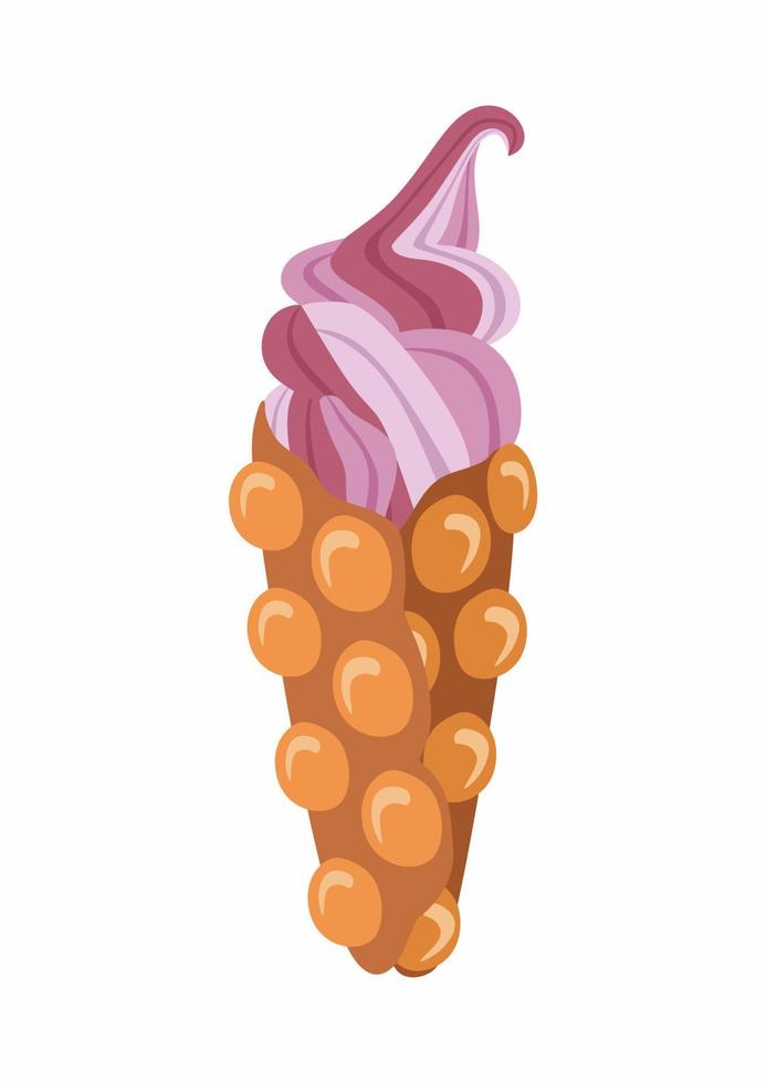 Appetizing Hong Kong egg bubble waffles with ice-cream, vector illustration isolated on white background