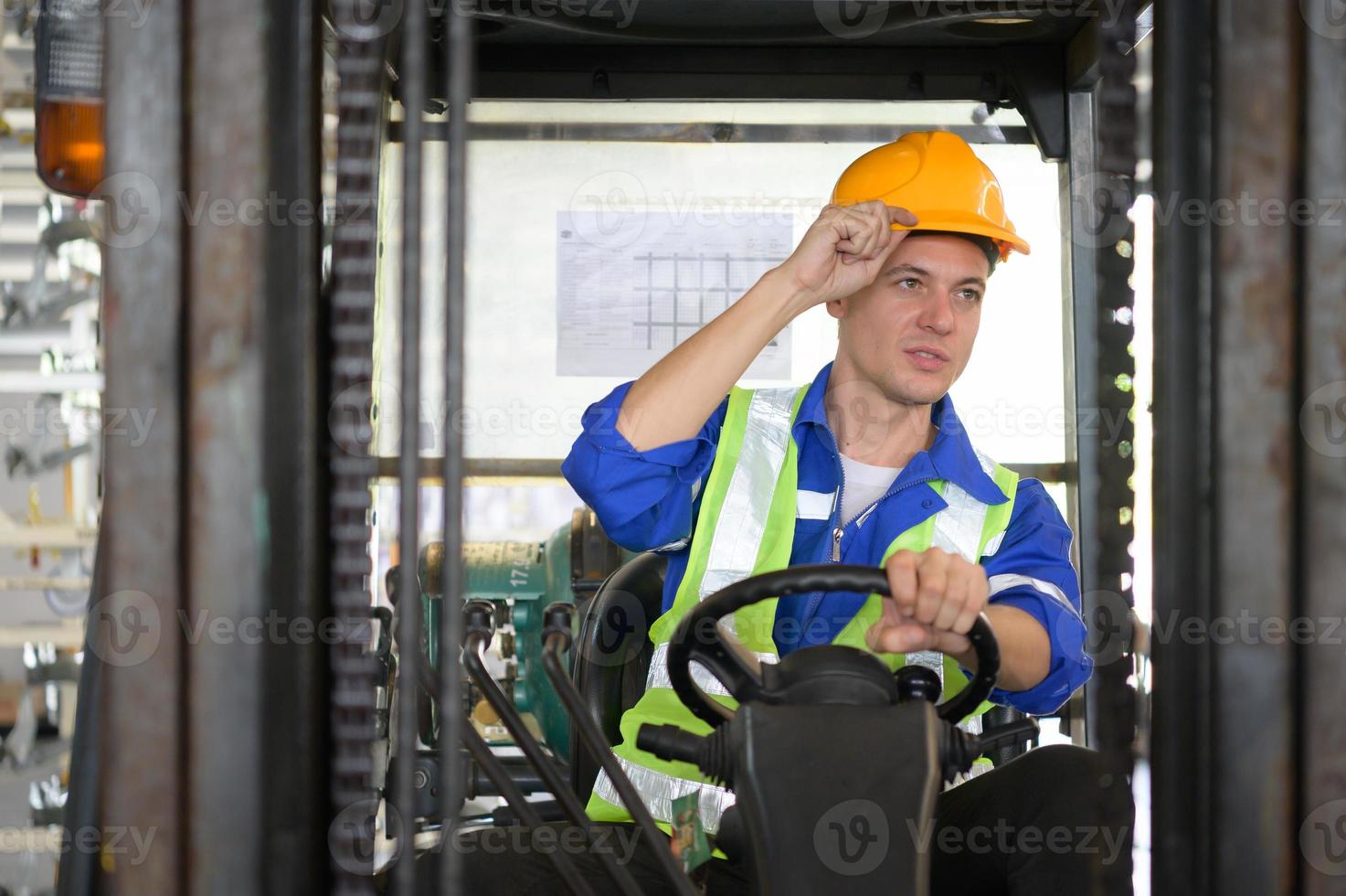 Worker in auto parts warehouse use a forklift to work to bring the box of auto parts into the storage shelf of the warehouse waiting for delivery to the car assembly line photo