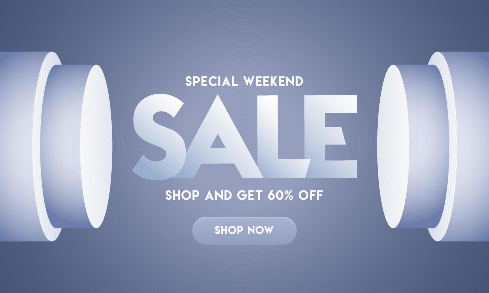 Special Weekend Sale Banner Design with Discount Offer and 3D Circle Overlap on Glossy Grey Blue Background. vector