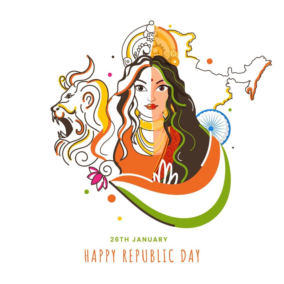 Illustration of Mother India Character With Line Art Lion Face, India Map And Ashoka Wheel For 26th January Republic Day. vector