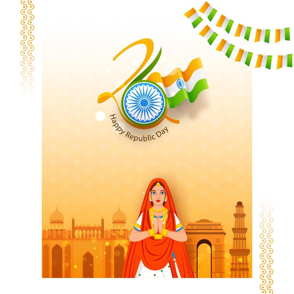 Illustration Of Indian Woman Doing Welcome With India Famous Monuments For 26th January Republic Day Concept. vector