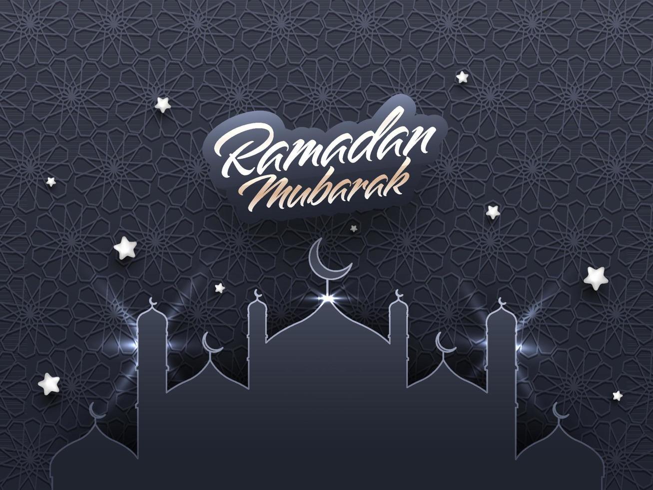 Islamic holy month of prayers, Ramadan Mubarak with beautiful mosque on grey arabic patterned background. vector