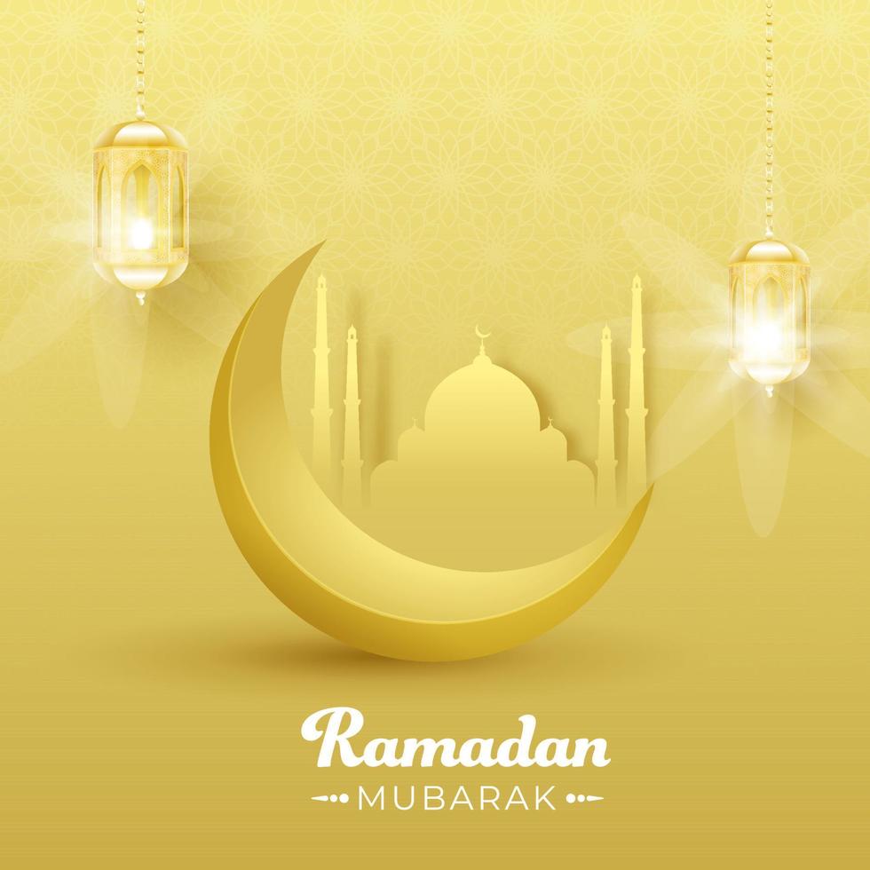 Islamic Holy Month of Ramadan Mubarak with Golden Crescent Moon, Paper Mosque and Hanging Illuminated Lanterns on Yellow Background. vector