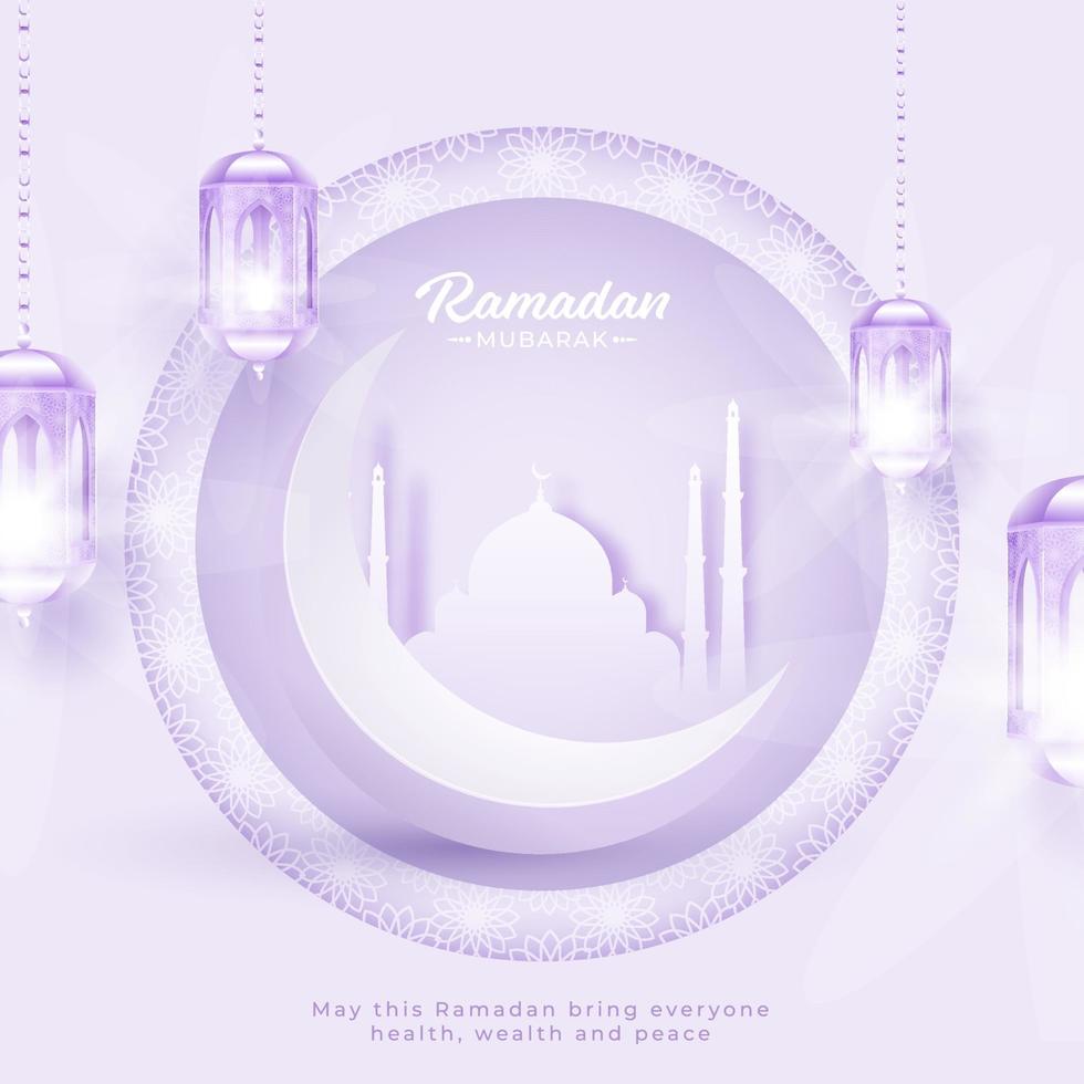 Islamic Holy Month of Ramadan Mubarak with Crescent Moon and Paper Mosque and Hanging Lanterns on Lavender Color Background. vector