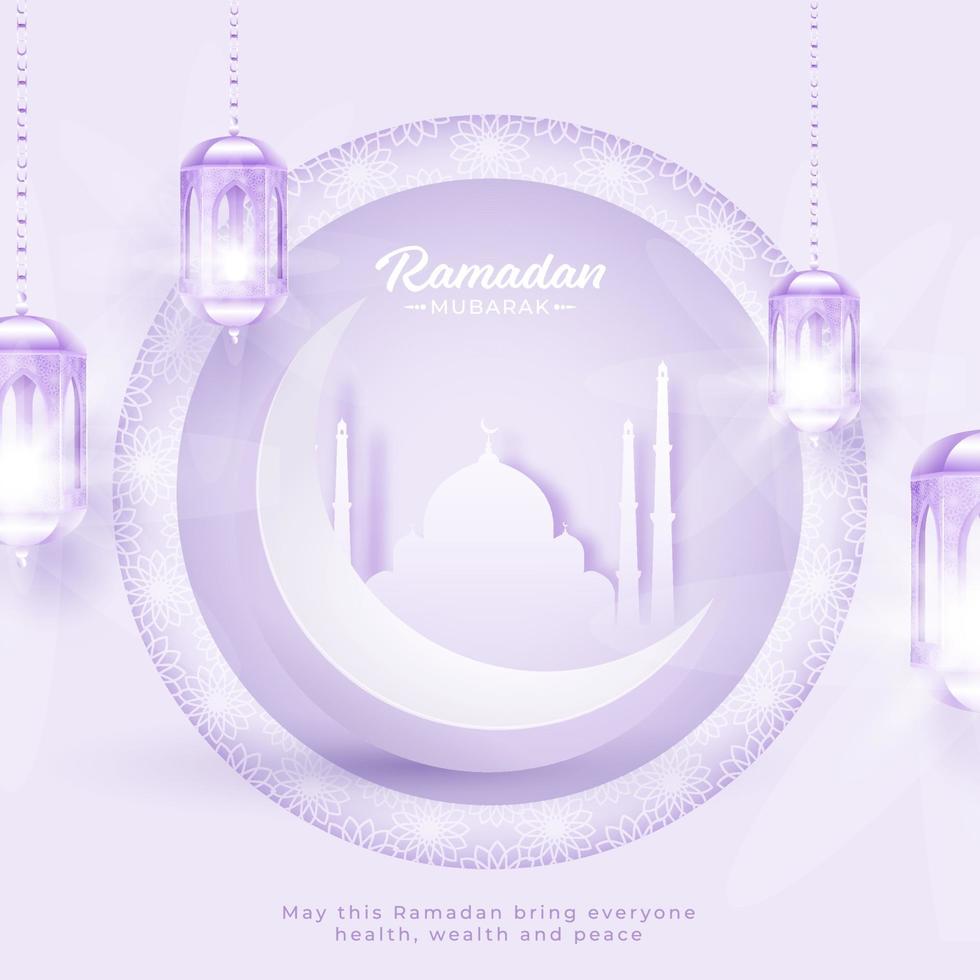 islámico santo mes de Ramadán Mubarak con creciente Luna y papel mezquita y colgando linternas en lavanda color antecedentes. vector