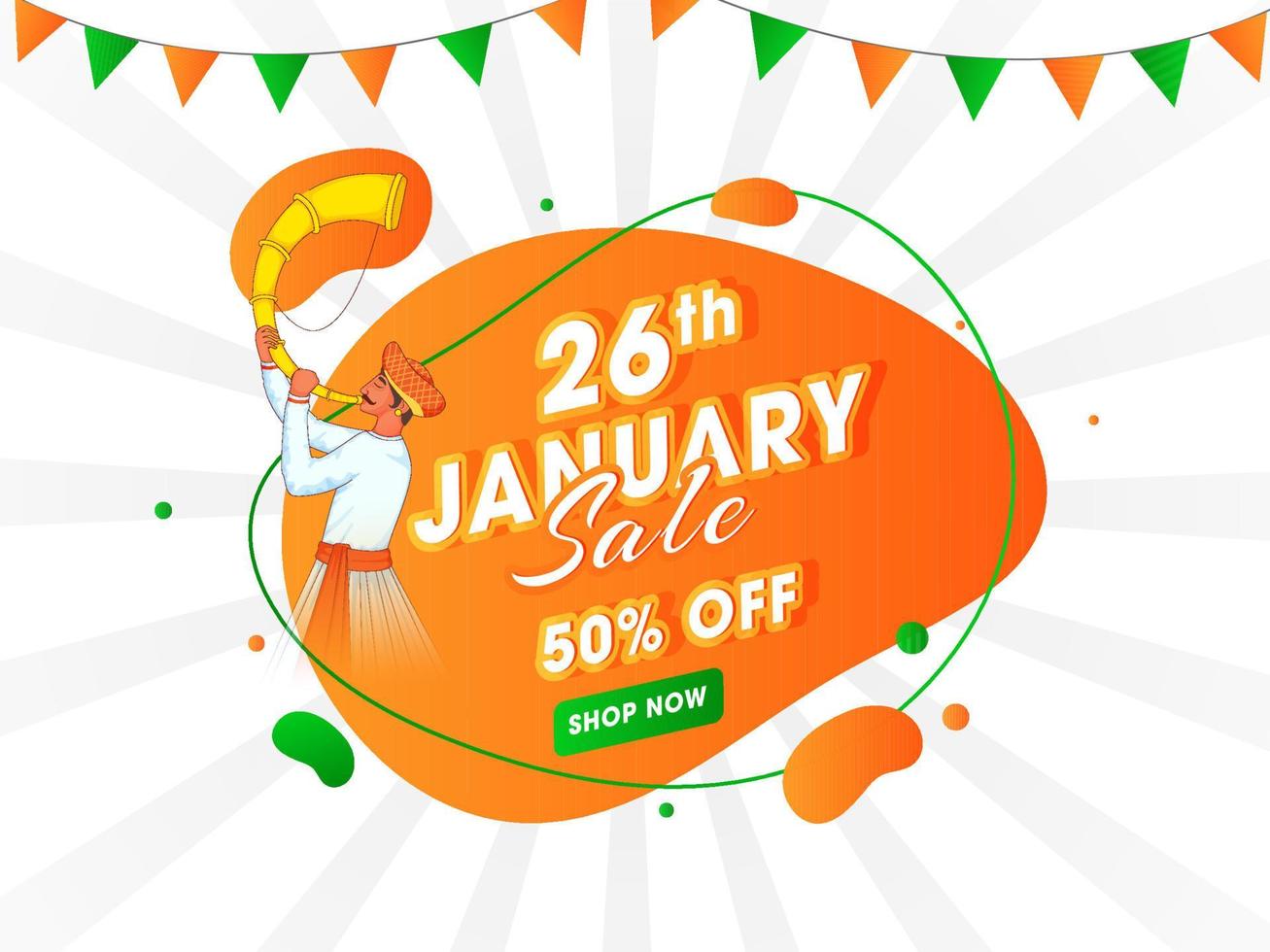 26th January Sale Poster Design With  Discount Offer And Traditional Tutari Player Character On Saffron And White Rays Background. vector