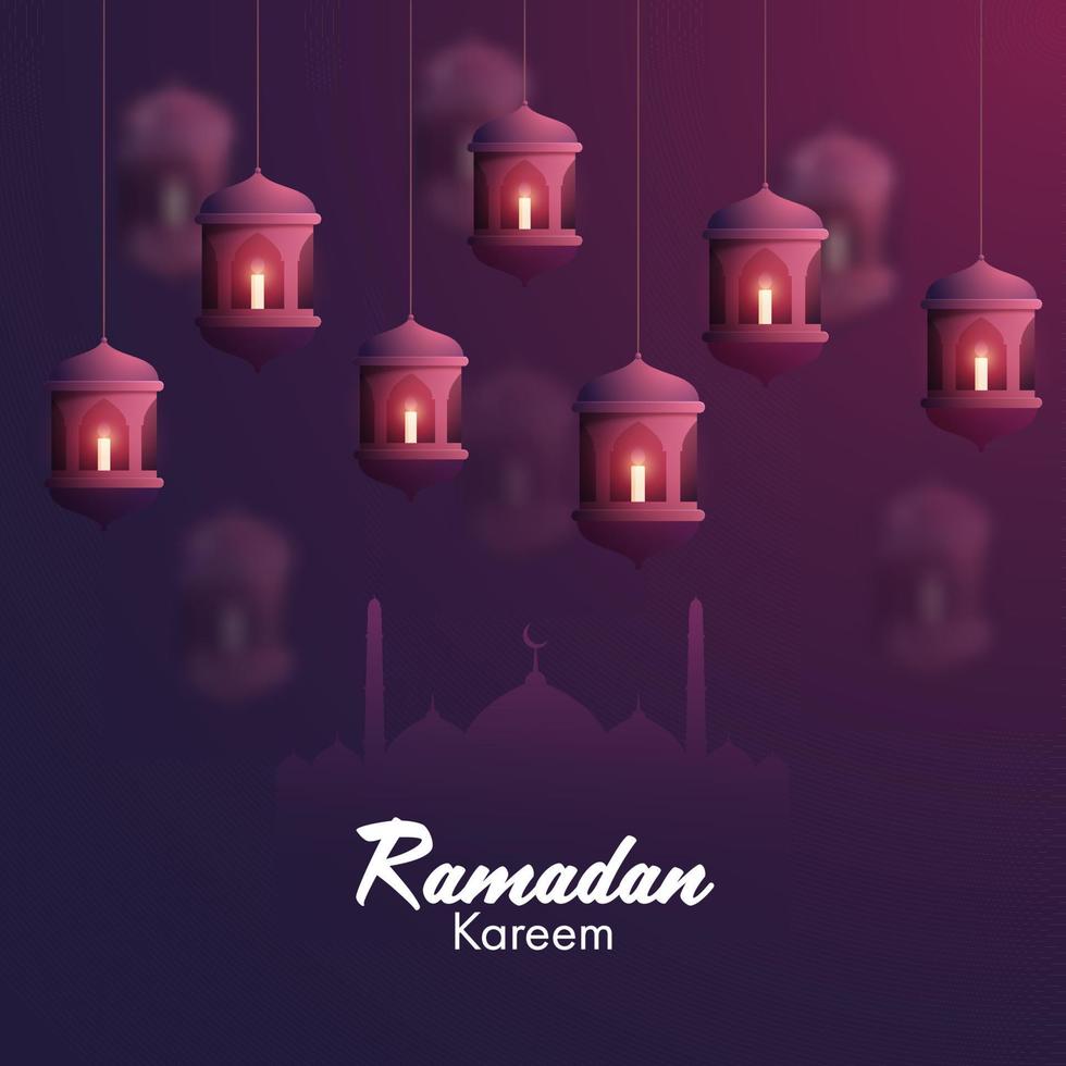 Iit candles inside arabic lanterns, and mosque silhouette on purple background for Islamic holy month of prayers, Ramadan Kareem occasion. vector