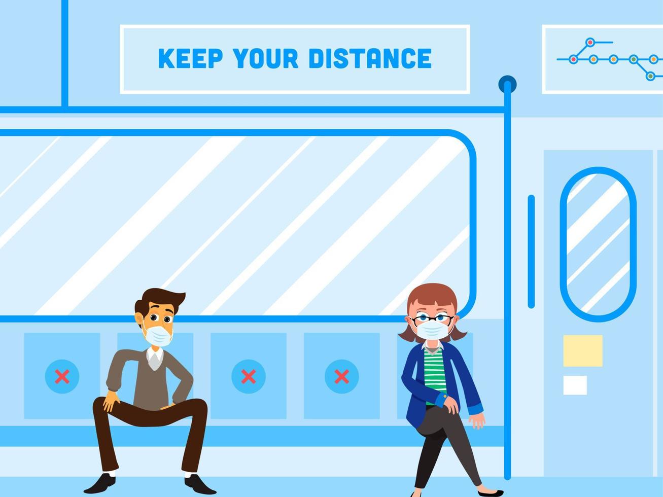 Illustration of Man and Woman wearing Medical Mask at Train Keep Distance to Prevent the Spread of Coronavirus. vector