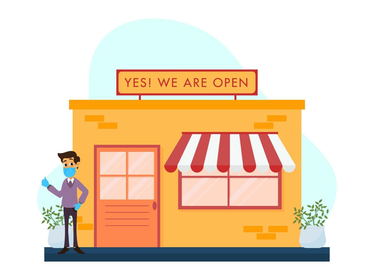 We Are Open Board on Shop Illustration and Cartoon Man Wear Medical Mask Gloves Plant Pots. vector