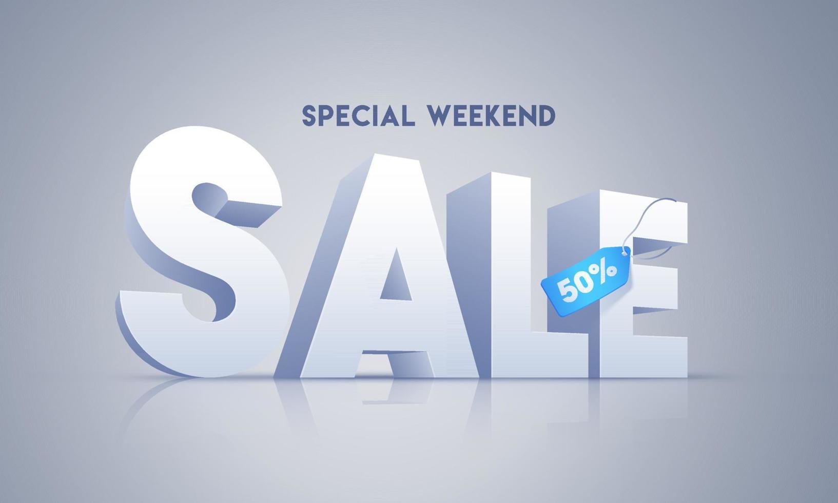 3D Sale Text with Discount Tag on Glossy Grey Background for Special Weekend. Advertising Banner Design. vector