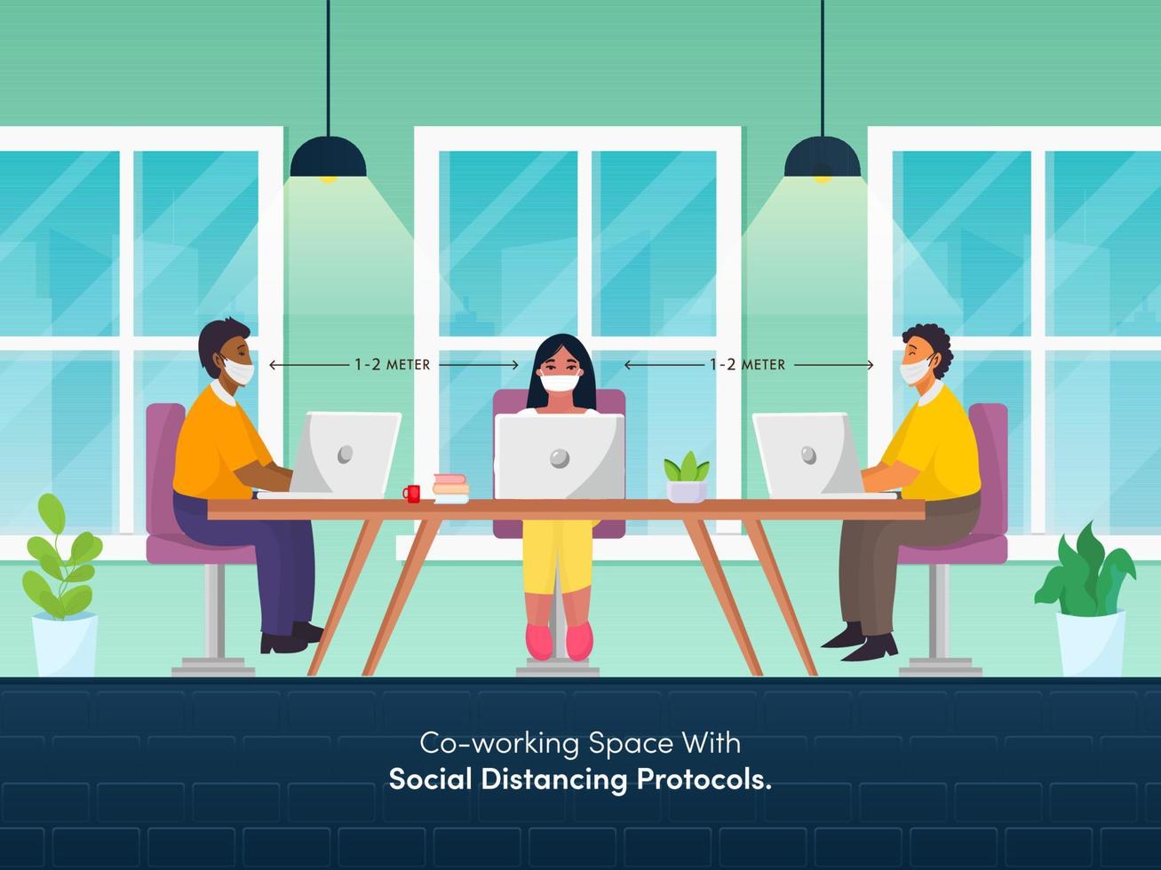 oficina empleados mantener social distancia durante trabajo juntos a lugar de trabajo a evitar desde coronavirus. vector