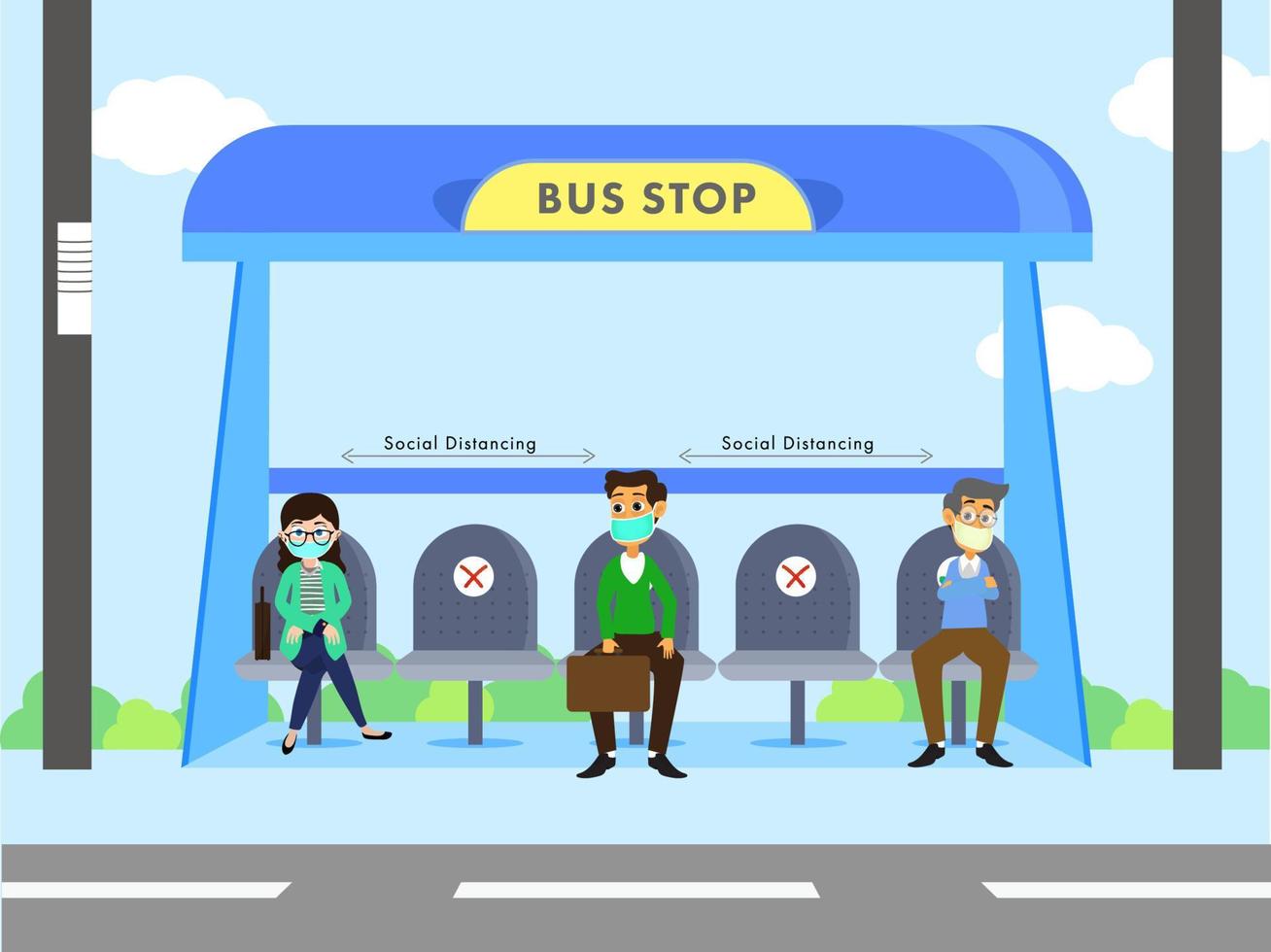 Illustration of People wear face mask at bus stop with maintain social distancing to prevent from Coronavirus. vector
