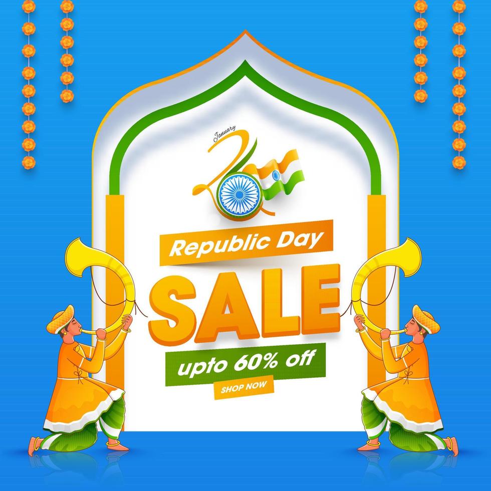 26th January Republic Day Sale Poster Design With Traditional Tutari Players Characters. vector