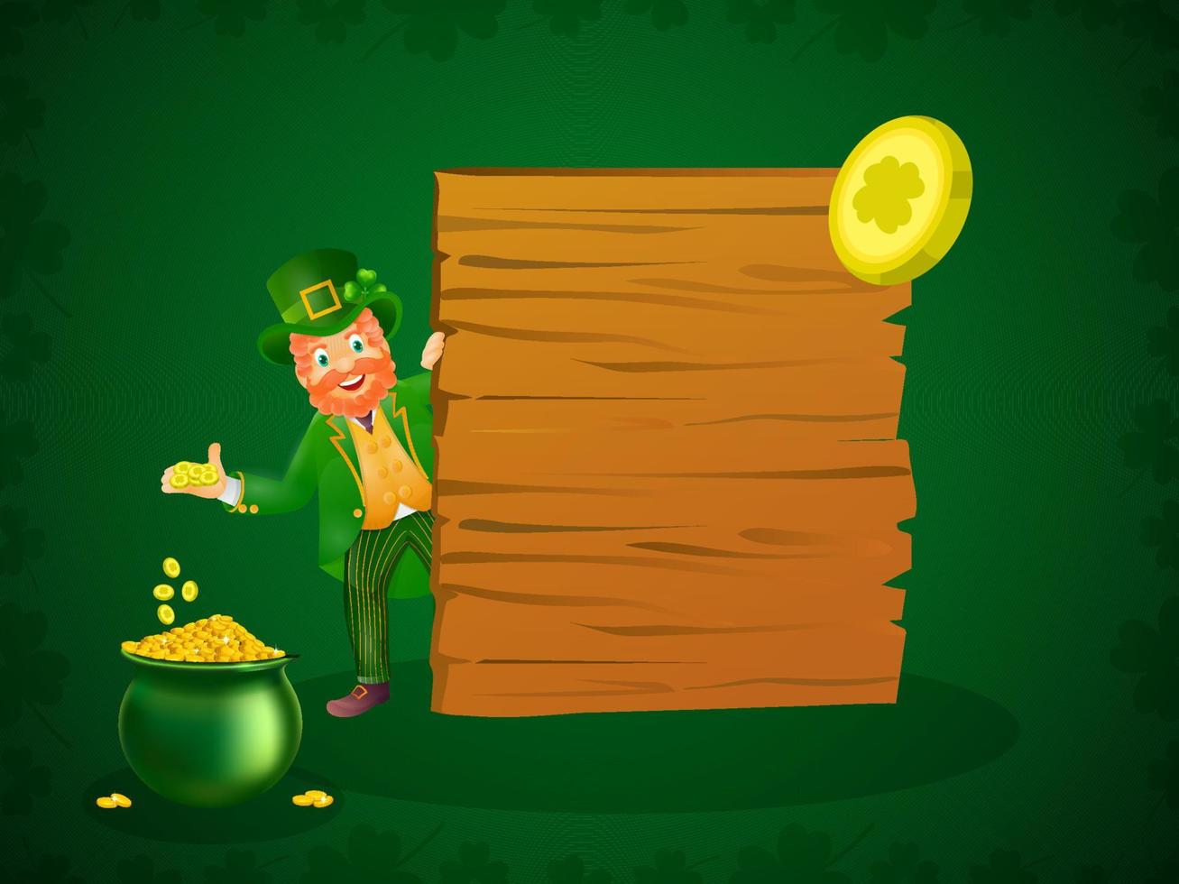 Cheerful Leprechaun Man Showing Golden Coins Pot And Wooden Board On Green Background For St. Patrick's Day Celebration. vector