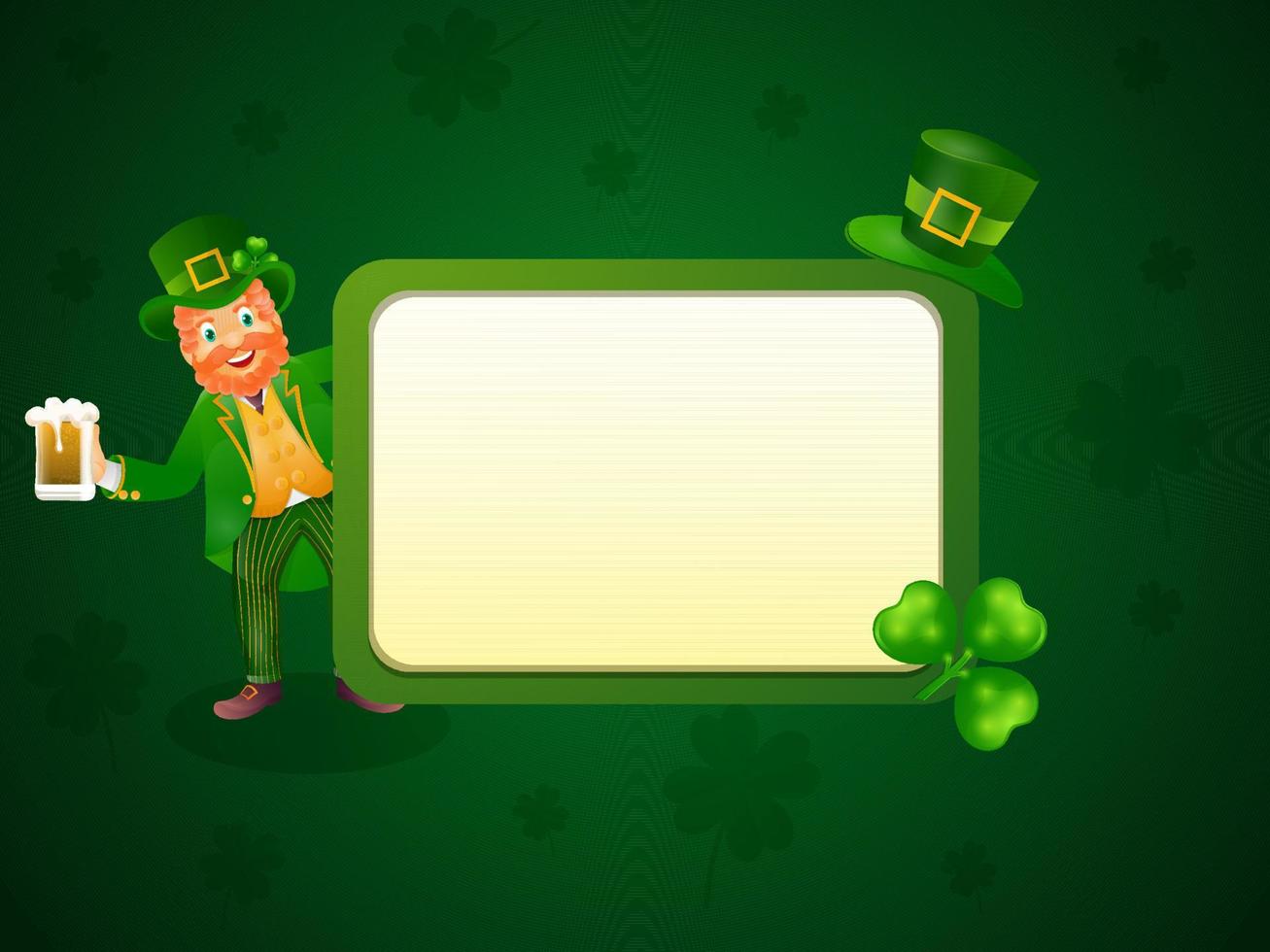 Cheerful Leprechaun Man Holding Beer Mug With Shamrock Leaf And Empty Frame Given For Message On Green Background. vector