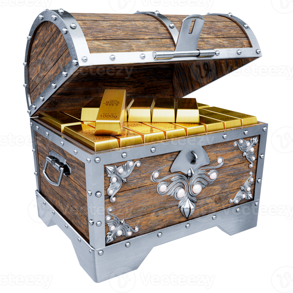 Gold Riegel oder Barren sind platziert im ein Schatz Brust. Box ist gemacht von alt rostig Metall Holz, Dort ist ein Schatz Innerhalb ist ein Gold Bar. das die meisten Beliebt Vermögenswerte im das Sammlung von Investoren. 3d Wiedergabe. png