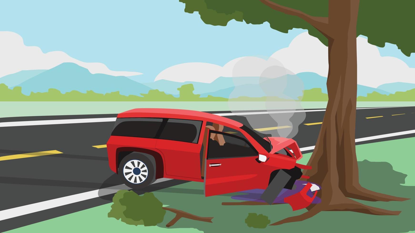 Damage Car crash big tree accident cannot drive. There was steam coming out of the radiator. Front is severely damaged and oil leak. The equipment is broken. Environment of rural route between cities vector