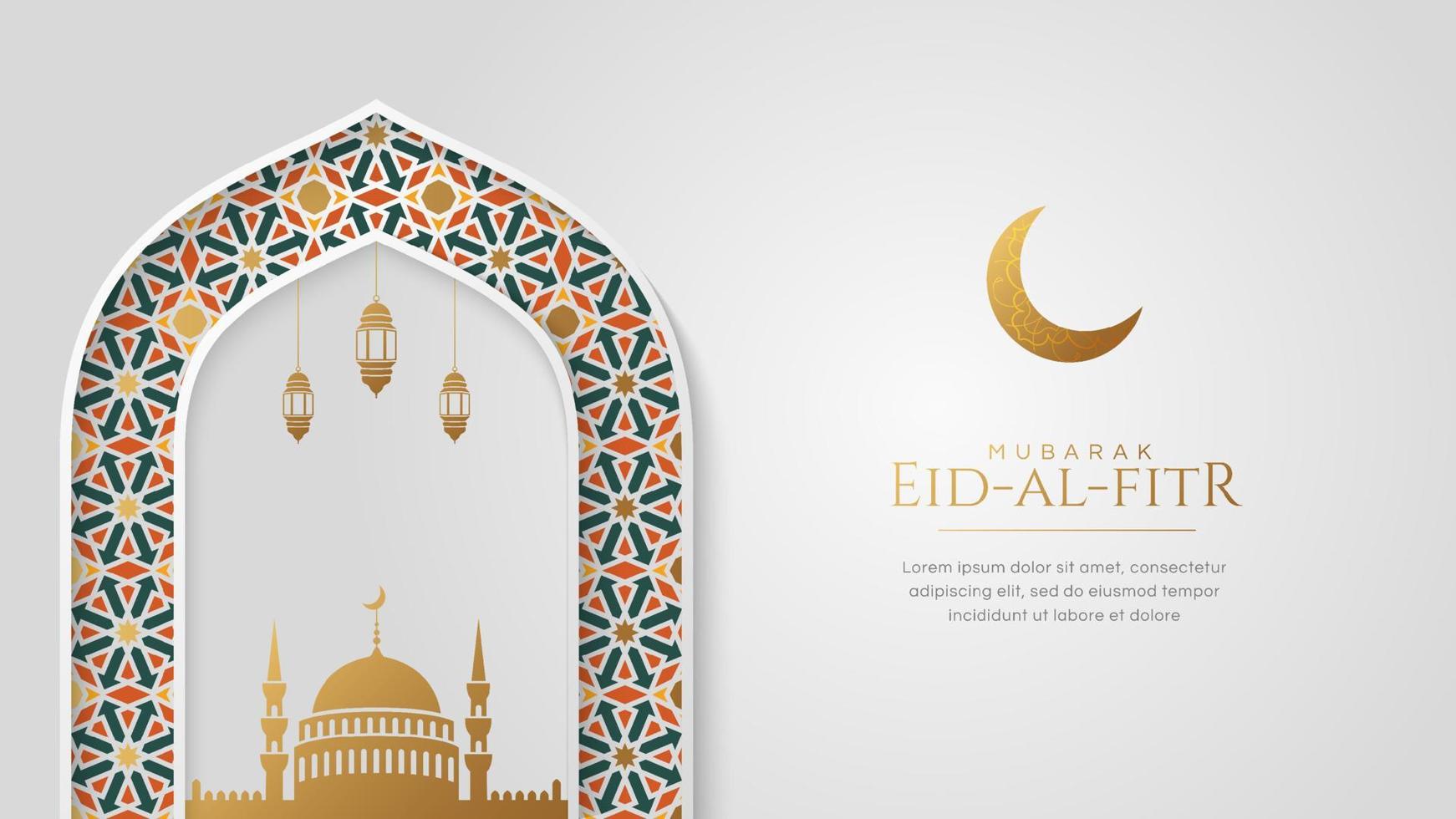 Eid Al Fitr Celebration Greetings Background with Mosque and Crescent Moon Ornaments vector