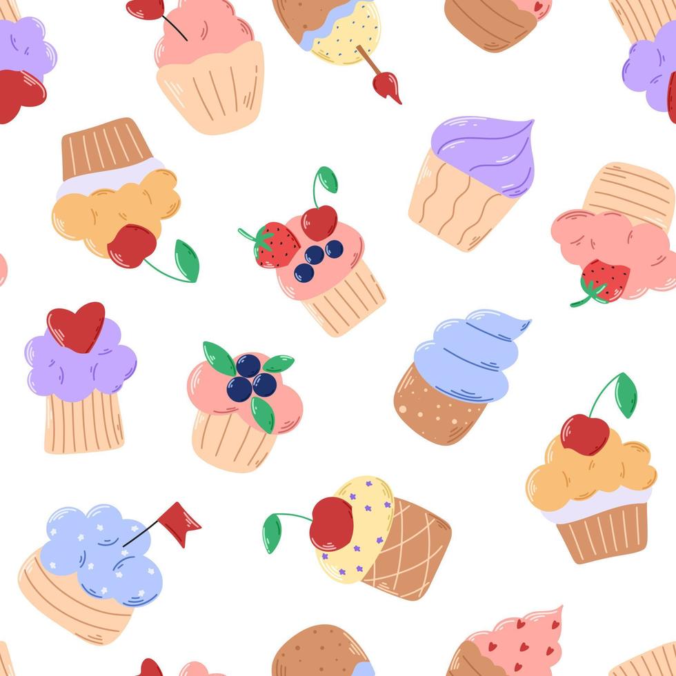 Cakes with cream, berries and decoration seamless pattern vector