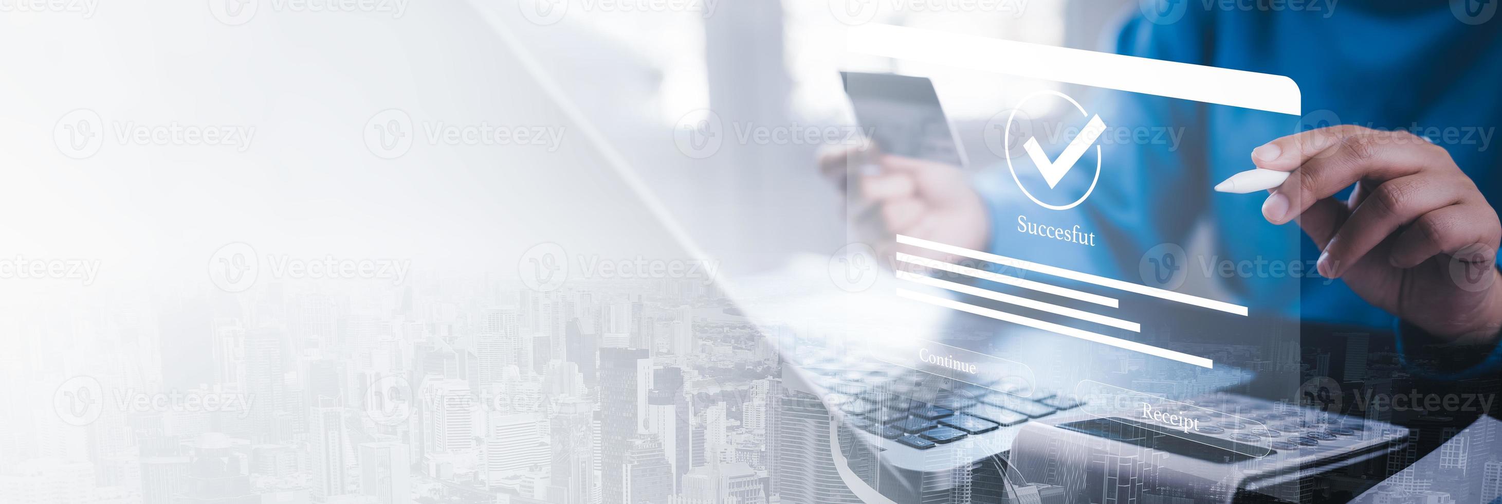 Online payment with digital marketing, Smartphone with banking online bill payment Approved concept button, credit card and network connection icon on business technology virtual screen background photo