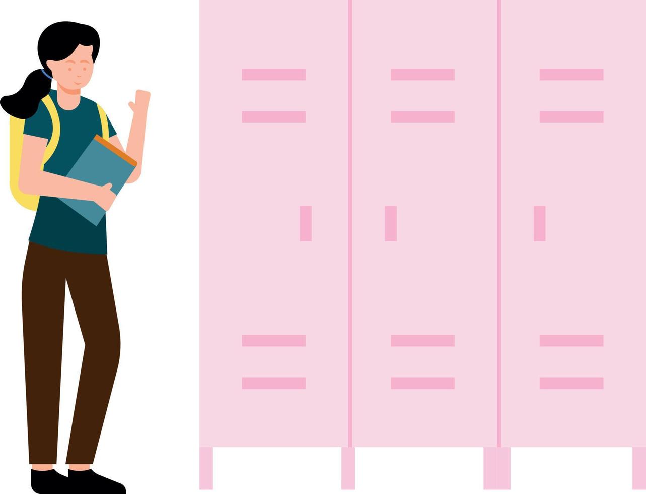 The girl is standing by the school locker. vector