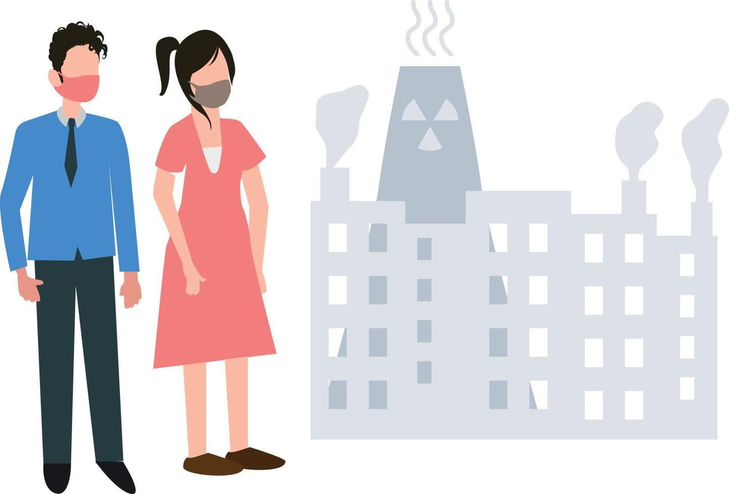 Boy and girl wearing masks outside the factory. vector