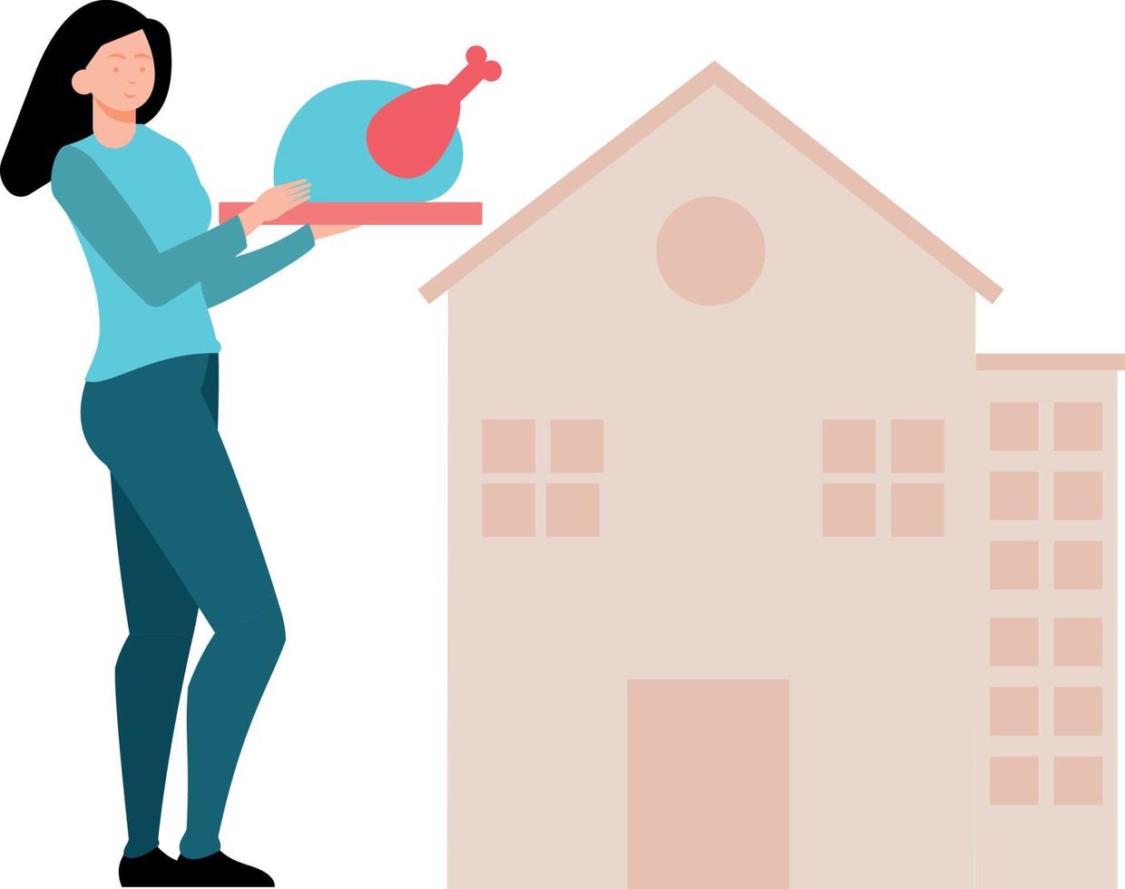 The girl is standing outside the house holding a roast chicken. vector