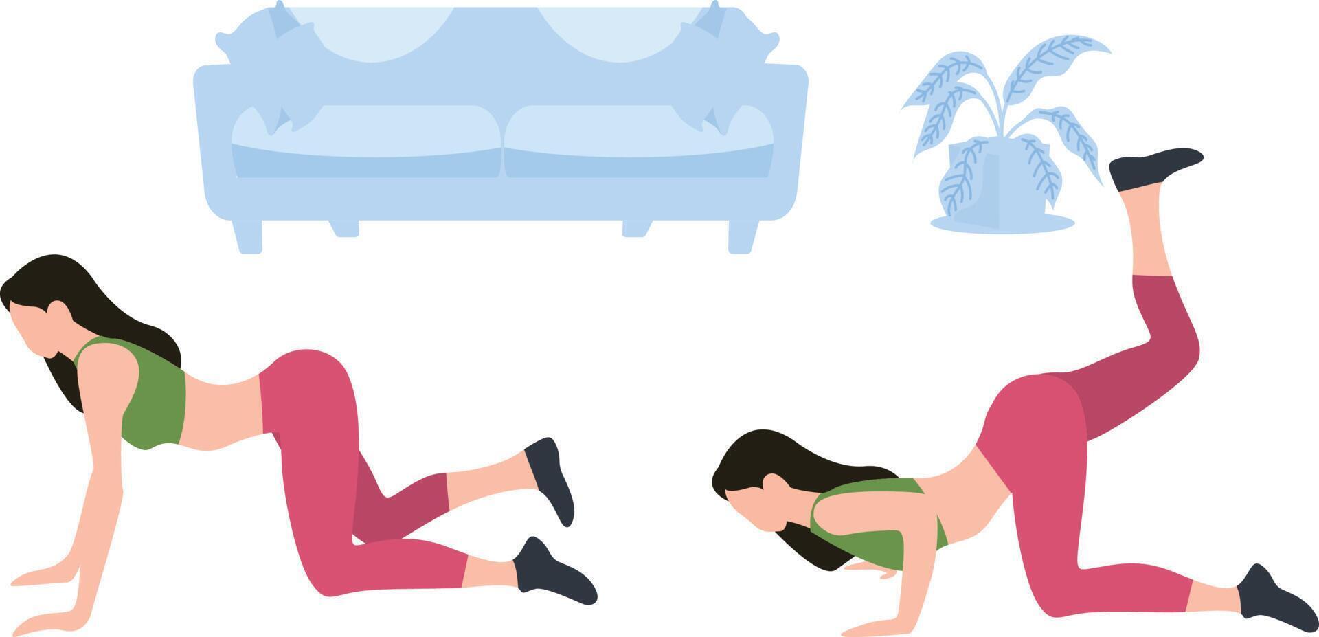 Girls taking exercise positions at home. vector