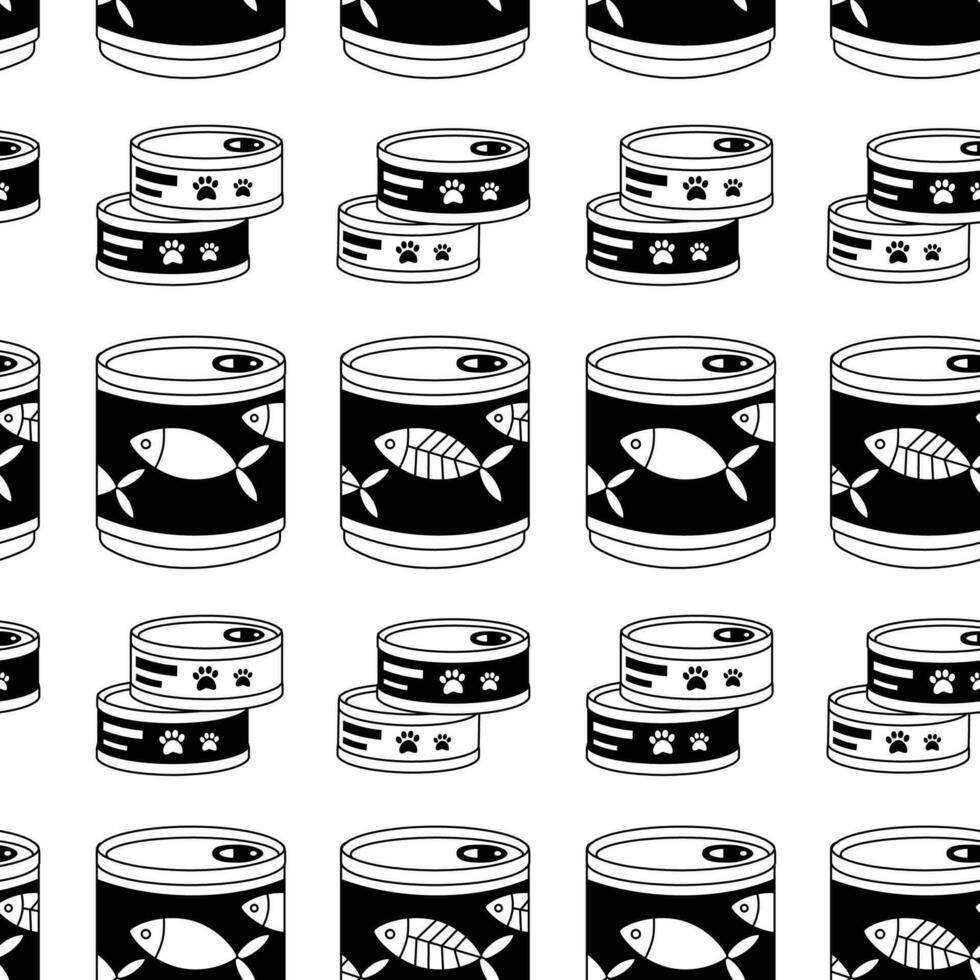 Pattern with a set of food for animals, cats, dogs, canned food, fish, pet care. vector