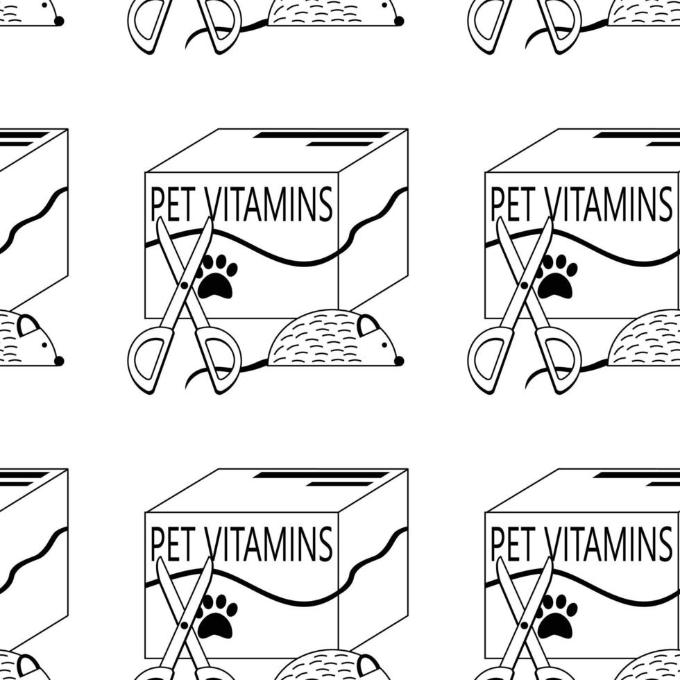 Pattern with vitamins for animals, cats, dogs, toy mouse and scissors, pet care. vector