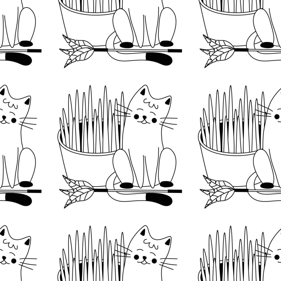 Grass pattern for animals, cats, dogs, toy with feathers on a stick, pet care. vector