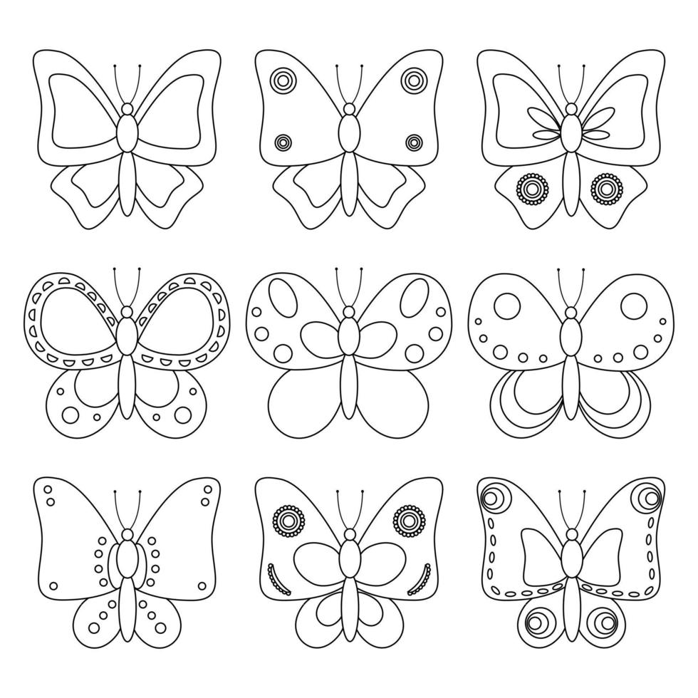 Set of contour drawings of butterflies. Templates for coloring, isolated on white background. Coloring book for children. We draw with children. Vector illustration