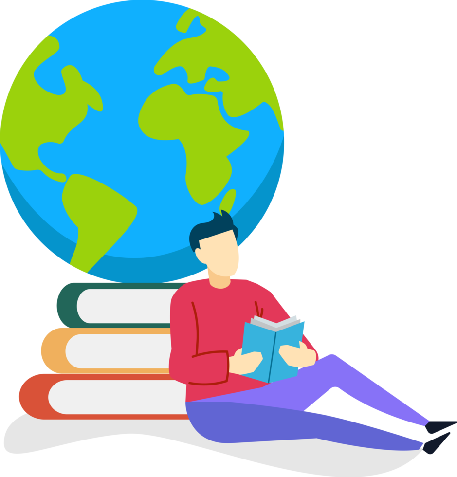 man sitting reading book with book background and globe illustration. reading book concept. world book day png