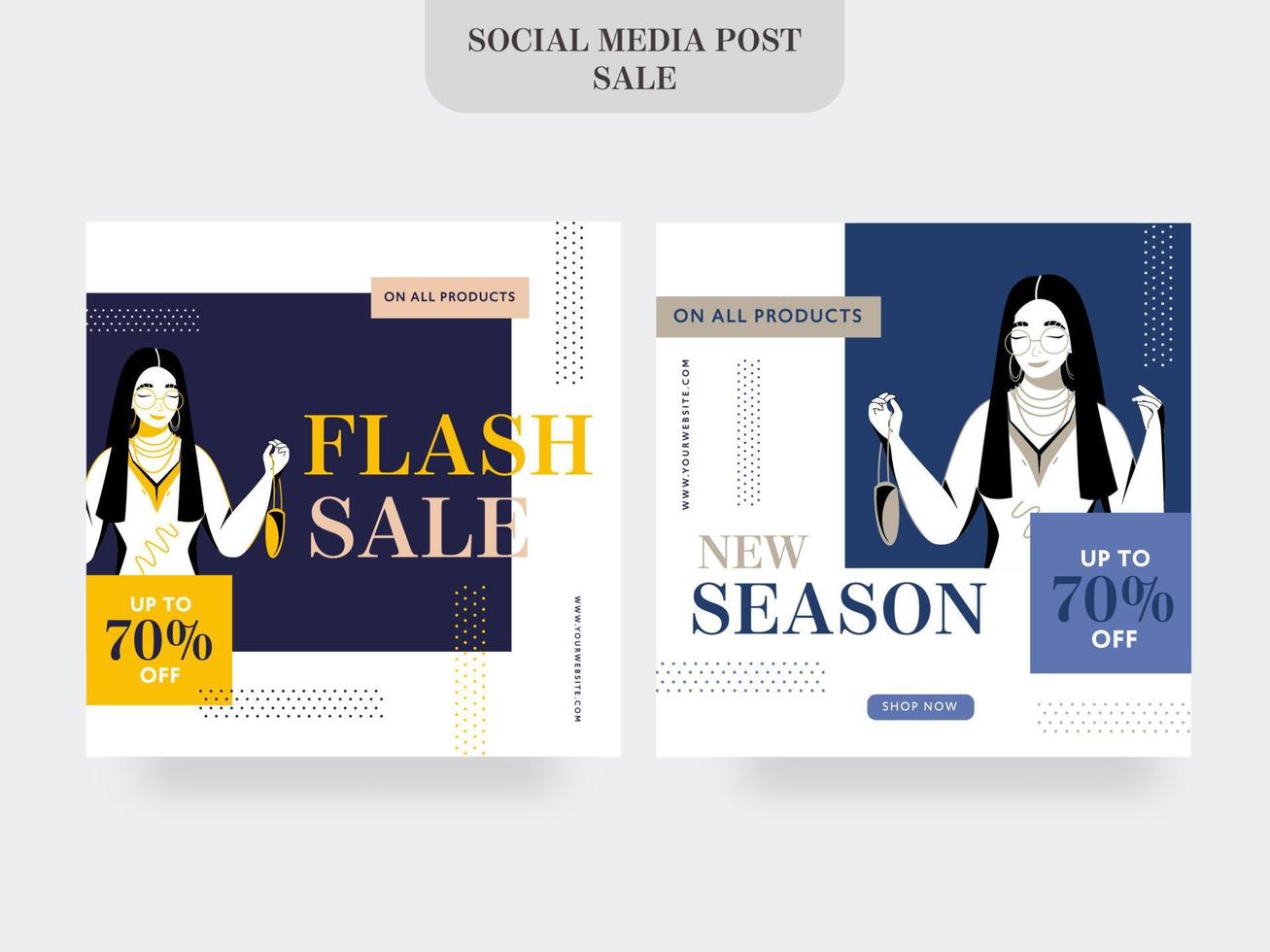 Flash Sale and New Season Poster Design with Discount Offer and Woman Character in Two Option. vector