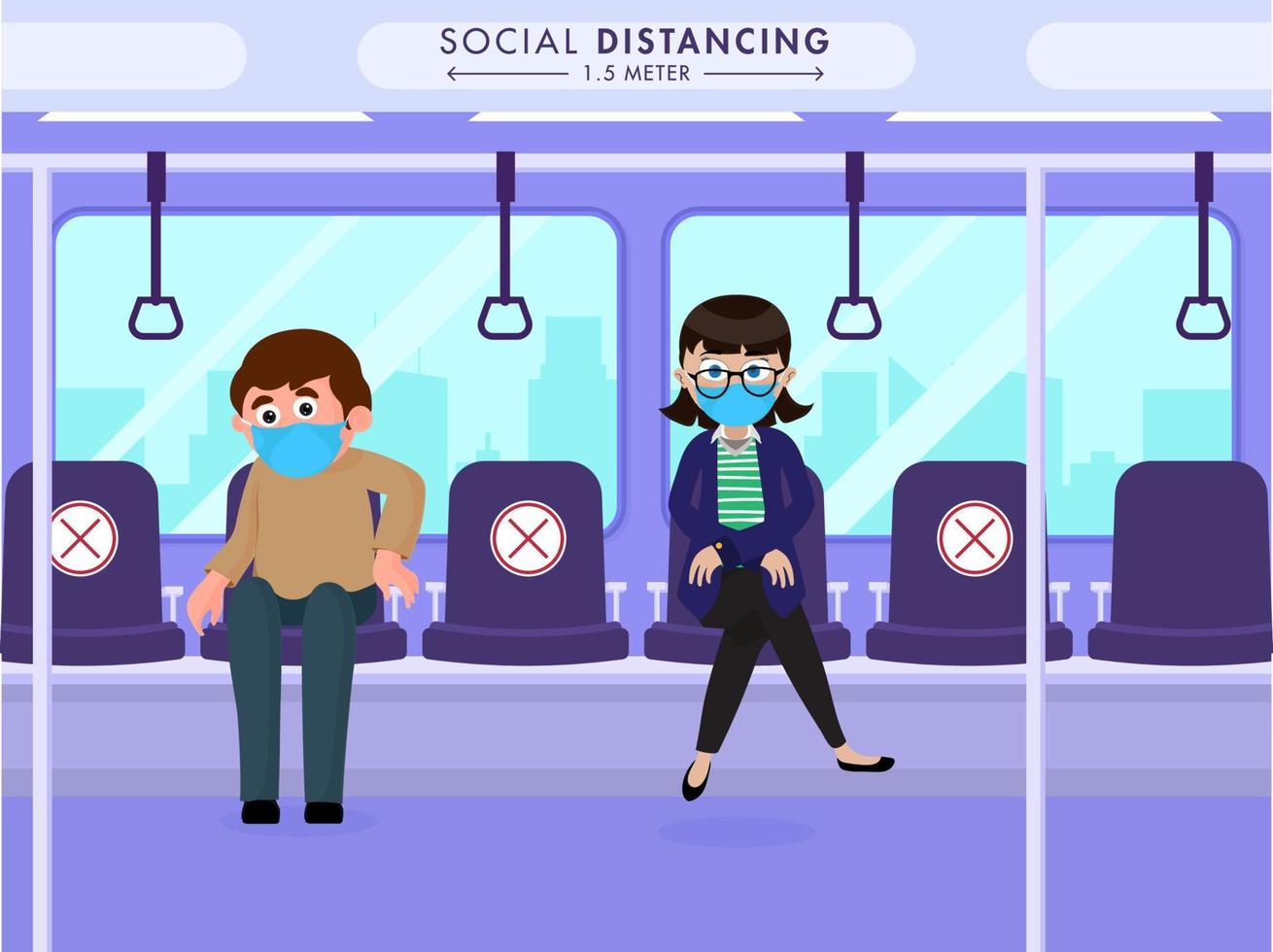 dibujos animados hombre y mujer vistiendo máscara acuerdo distancia 1,5 metro a evitar desde coronavirus a tren. vector