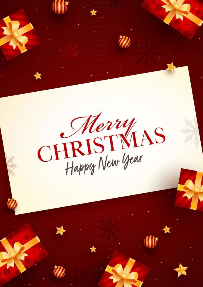 Merry Christmas Happy New Year Message Card With Top View Of Realistic Gift Boxes, Golden Stars And Baubles On Red Background. vector