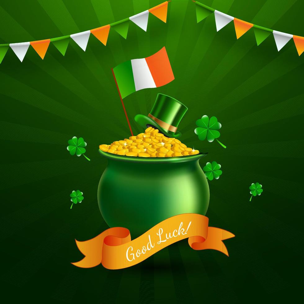 dorado monedas maceta con duende sombrero trébol hojas y irlandesa bandera en verde rayos antecedentes para bueno suerte concepto. vector