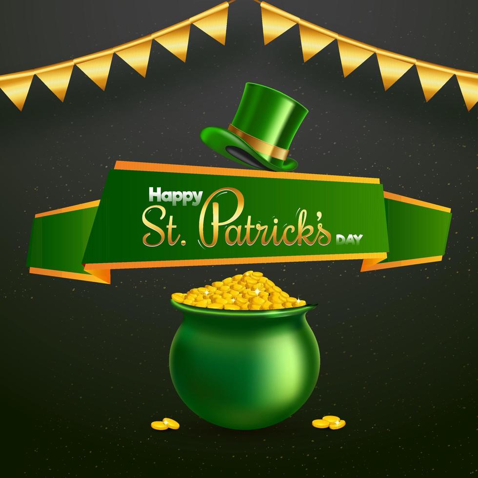 Happy St. Patrick's Day Font in Ribbon with Leprechaun Hat and Golden Coins Pot on Olive Green Background. vector