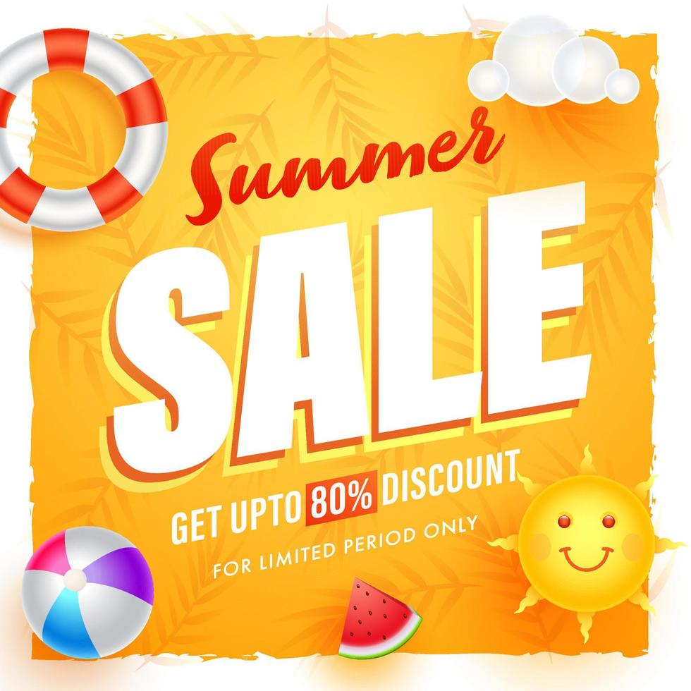 Summer Sale Poster Design with Realistic Beach Ball Swimming Ring Watermelon Slice Cloud and Cartoon Sun. vector