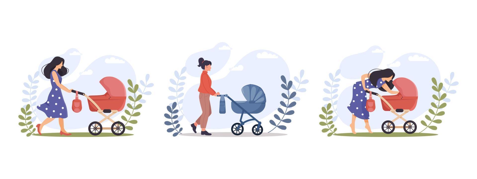 mujer caminando con cochecitos en parque. nuevo mamá. niño cuidado, maternidad, concepto para bandera, sitio web diseño o aterrizaje web página. bebé carro. moderno paternidad. vector ilustración