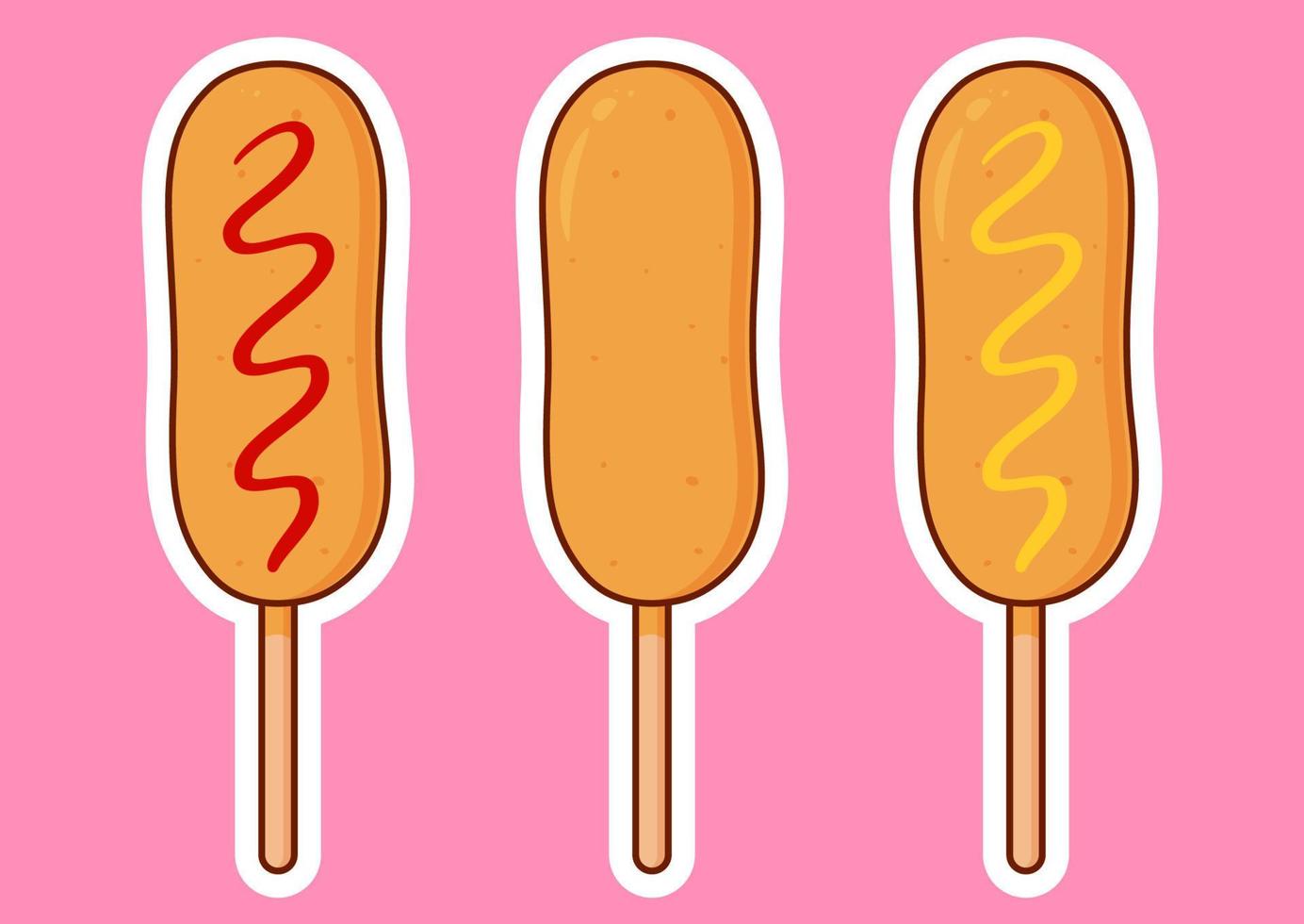 Corn dogs with ketchup and mustard. Sausage in dough on a stick with and without condiments. Cute Asian food set. Flat cartoon vector. Sticker design. vector