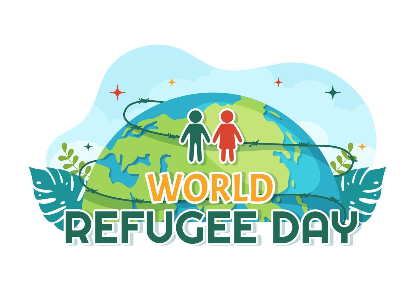 World Refugee Day on 20 June Vector Illustration with Immigration Family and Their Kids Walking Seek Home in Hand Drawn Wire Fence Templates