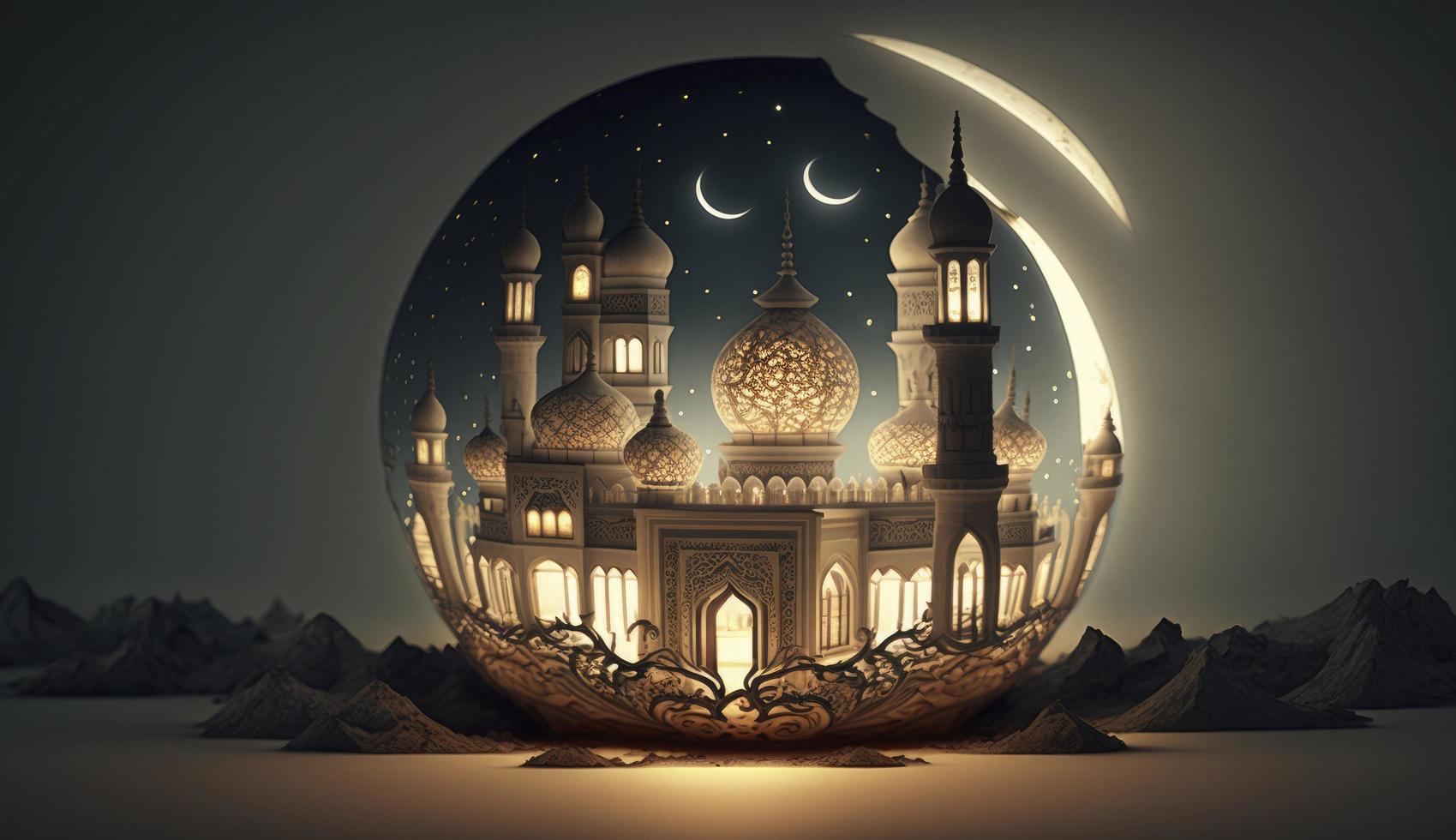 mezquita y Luna. 3d hacer y ilustración, generar ai foto