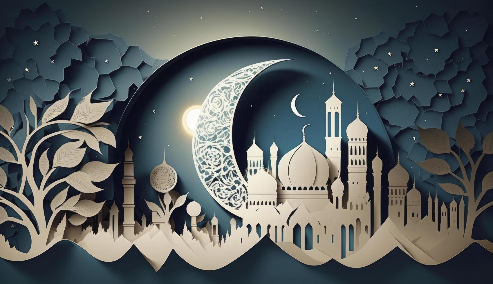 Paper art, eid mubarak, ramadan kareem, rmadan kareem greeting card, ramadan kareem banner, ramadan kareem card, eid mubarak ramadan, eid mubarak template, Generate Ai photo