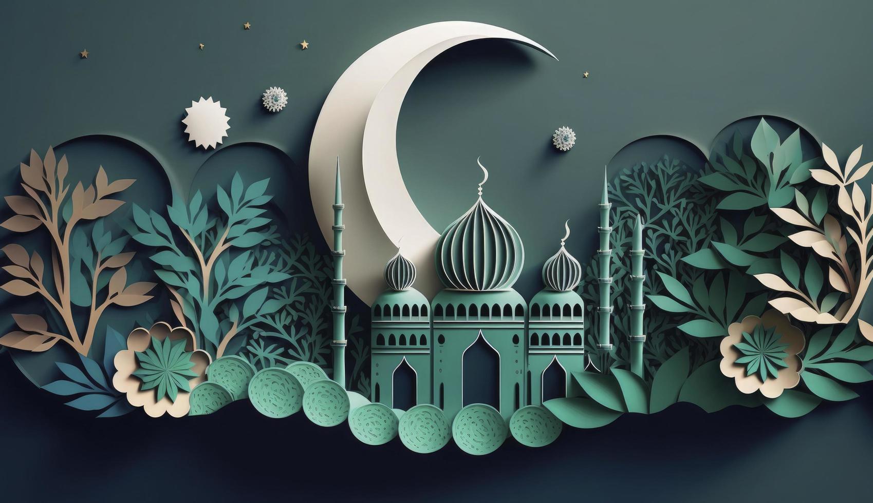 Paper art, eid mubarak, ramadan kareem, rmadan kareem greeting card, ramadan kareem banner, ramadan kareem card, eid mubarak ramadan, eid mubarak template, Generate Ai photo