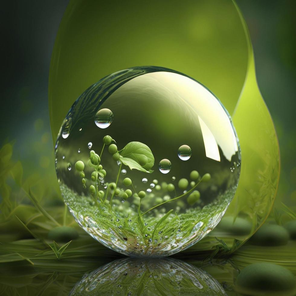 Environment Eco Green Abstract, Ball of Clean Water Drops, Drops Reflecting Plants photo