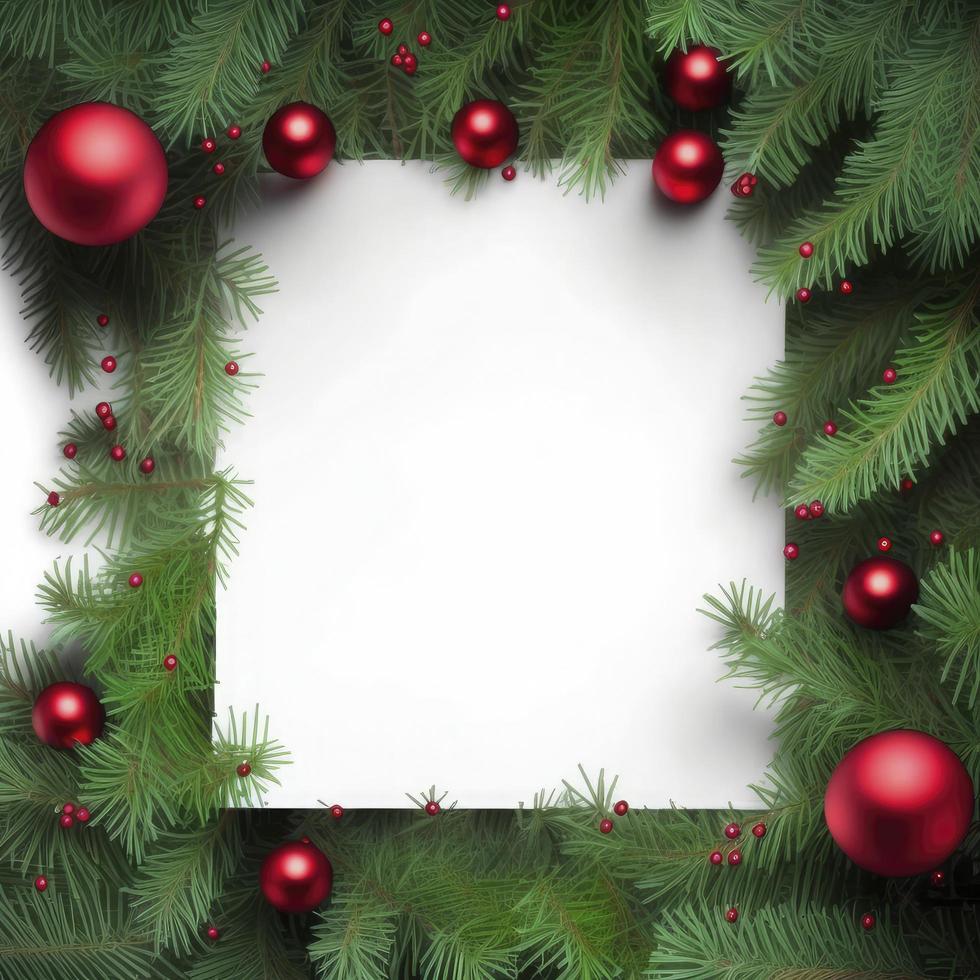 Fir tree branches with red christmas balls frame stock photo Christmas, generate ai