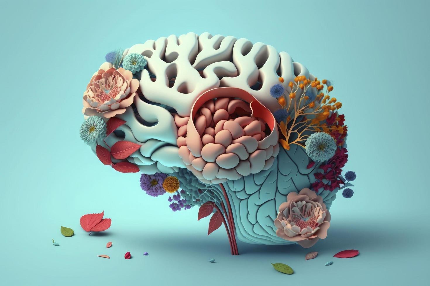 humano cerebro con flores, yo cuidado y mental salud concepto, positivo pensamiento, creativo mente foto