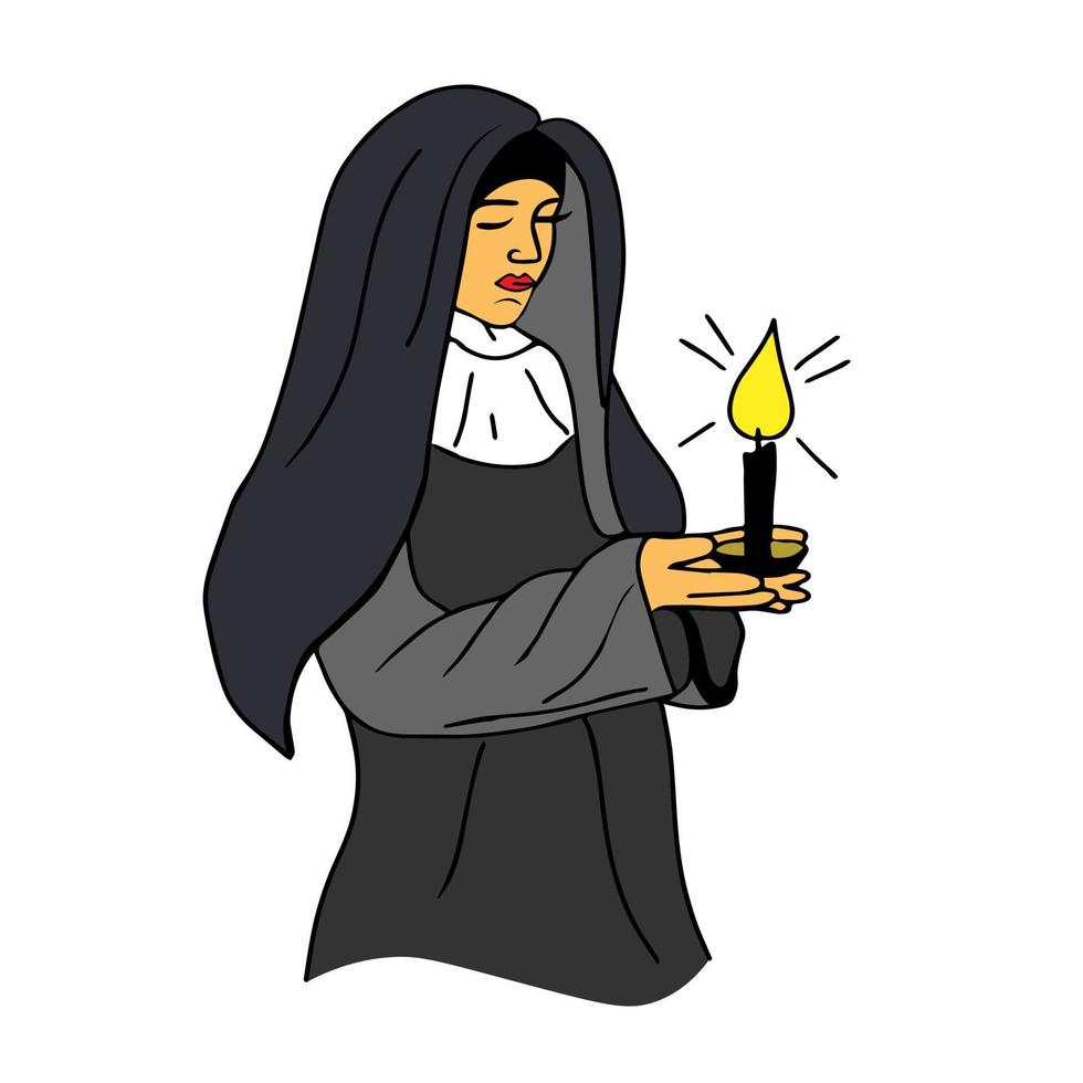 mujer monja, clérigo sostiene ardiente vela en su manos. sacramento de bautismo. atributos de un ortodoxo sacerdote para bautismo. vector